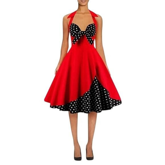 IBTOM Castle 1950s Retro Flare Dress Sz 4XL Red Polka Dot Halter Rockabilly - Picture 2 of 8